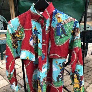 Vintage Roper Western Shirt: Red w Cowboys and Horses & 2 5-Pointed Star Pins